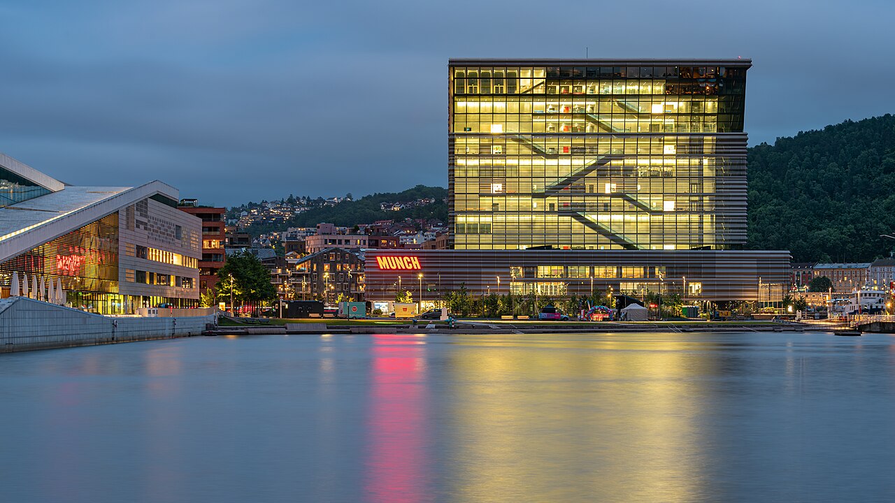 West face at dusk with escalators lit